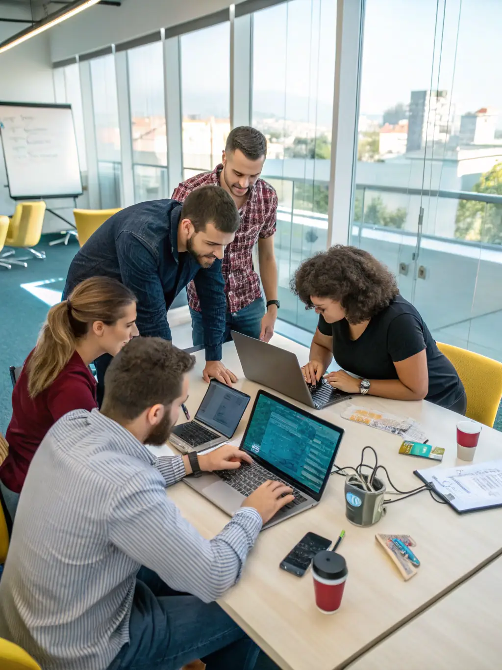 A team of IT consultants collaborating in a modern office, showcasing HyperGrid IT LLC's IT consulting services.