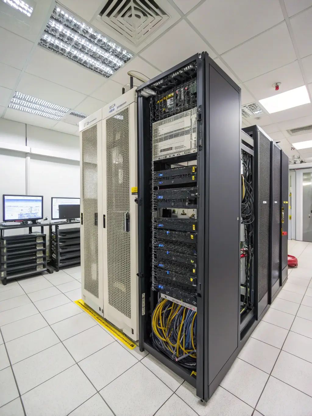 A server room with blinking lights and well-organized racks, highlighting HyperGrid IT LLC's server setup and maintenance services.